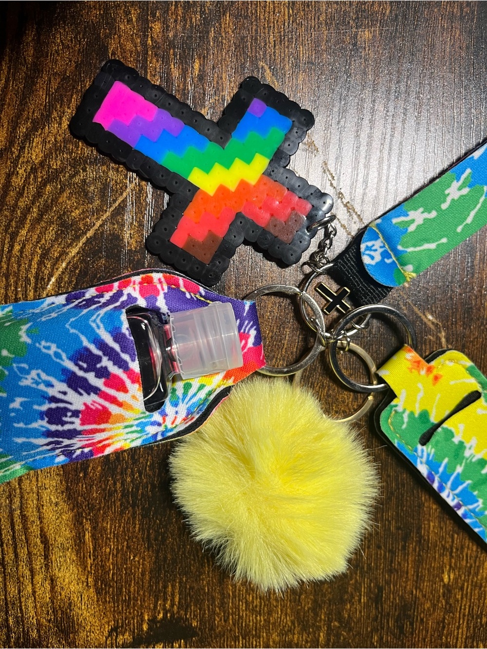 Kids Tie-Dye Lanyard Keychain with Yellow Pom Pom
